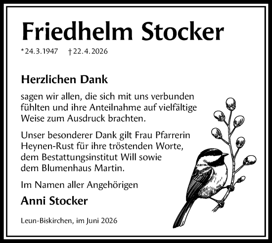 Traueranzeige von Friedhelm Stocker von Weilburger Tageblatt