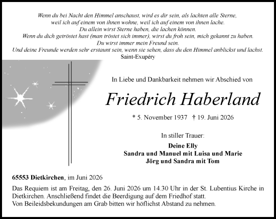 Traueranzeige von Friedrich Haberland von Nassauische Neue Presse
