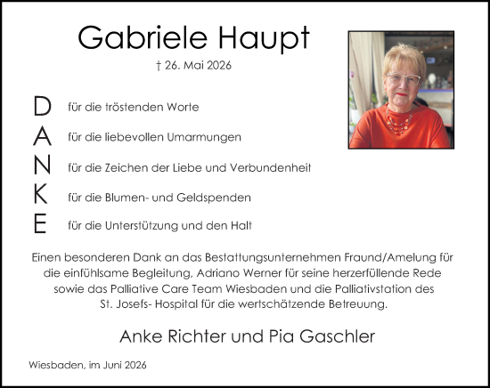 Traueranzeige von Gabriele Haupt von Wiesbadener Kurier