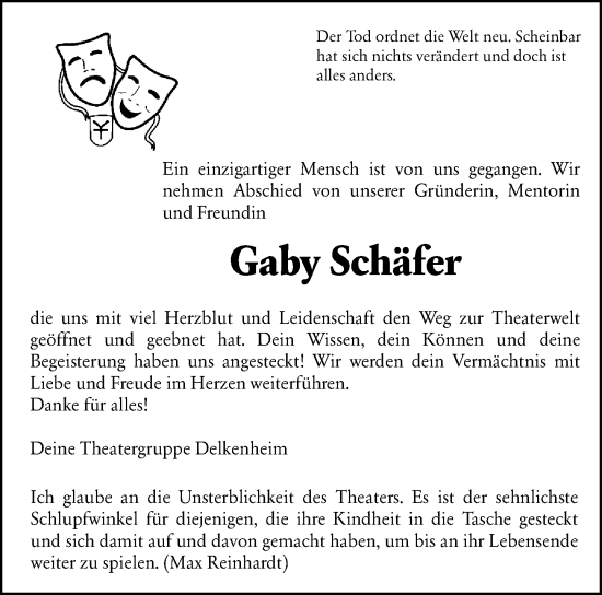 Traueranzeige von Gaby Schäfer von Wiesbadener Kurier