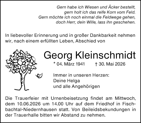 Traueranzeige von Georg Kleinschmidt von Darmstädter Echo