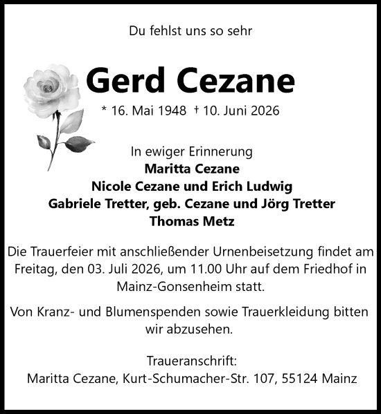 Traueranzeige von Gerd Cezane von Allgemeine Zeitung Mainz
