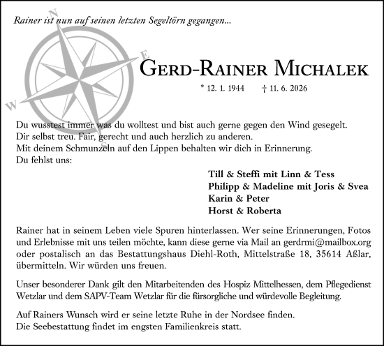 Traueranzeige von Gerd-Rainer Michalek von Wetzlarer Neue Zeitung
