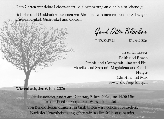 Traueranzeige von Gerd Otto Blöcher von Hinterländer Anzeiger