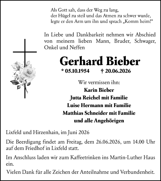 Traueranzeige von Gerhard Bieber von Hinterländer Anzeiger