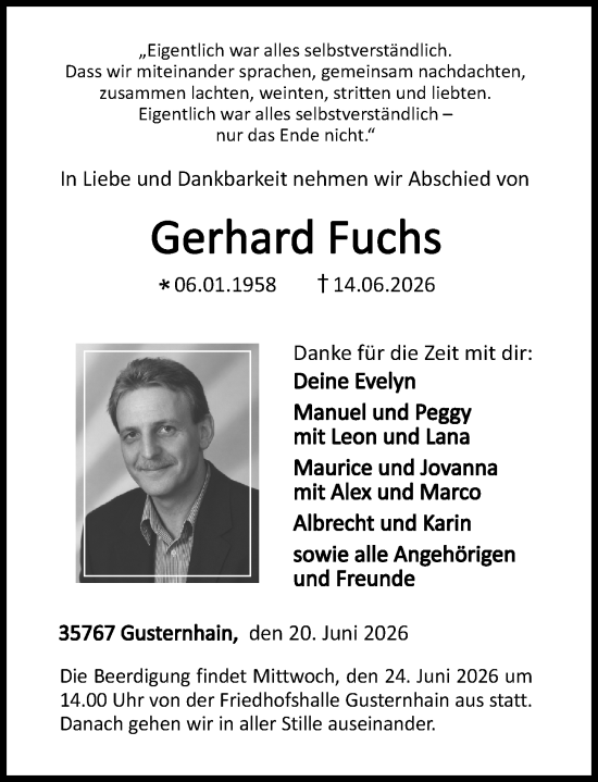 Traueranzeige von Gerhard Fuchs von Dill Block