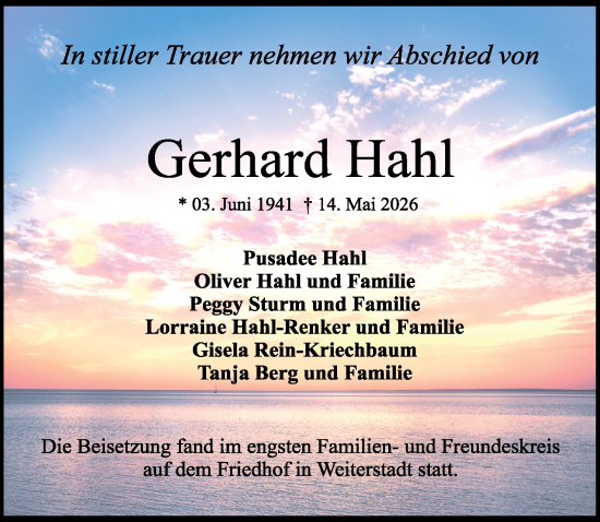 Traueranzeige von Gerhard Hahl von Darmstädter Echo