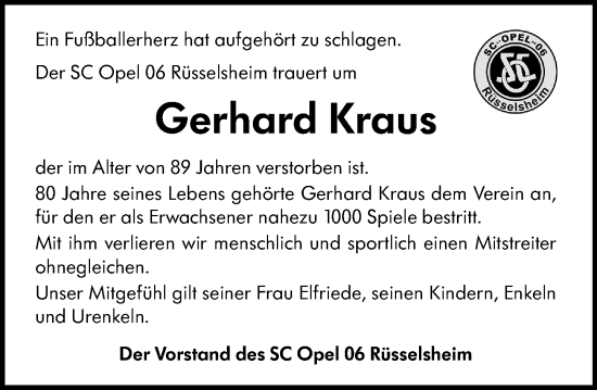 Traueranzeige von Gerhard Kraus von Rüsselsheimer Echo