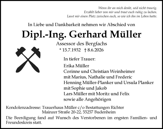 Traueranzeige von Gerhard Müller von Allgemeine Zeitung Mainz