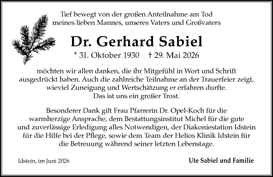 Traueranzeige von Gerhard Sabiel von Idsteiner Land/Untertaunus