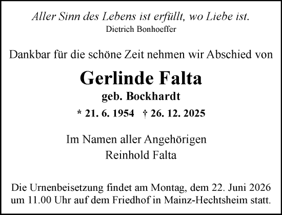 Traueranzeige von Gerlinde Falta von Allgemeine Zeitung Rheinhessen-Nahe