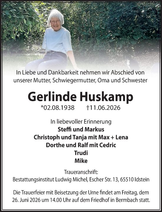 Traueranzeige von Gerlinde Huskamp von Idsteiner Land/Untertaunus