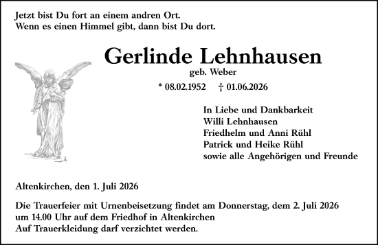 Traueranzeige von Gerlinde Lehnhausen von Wetzlarer Neue Zeitung