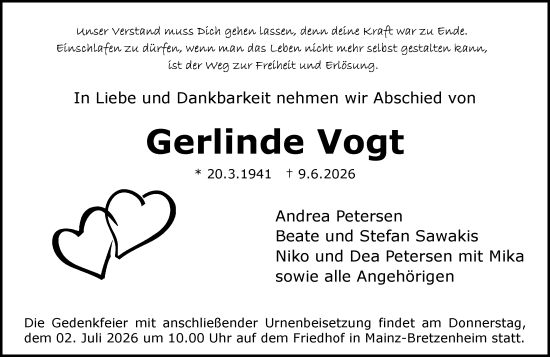 Traueranzeige von Gerlinde Vogt von Allgemeine Zeitung Mainz