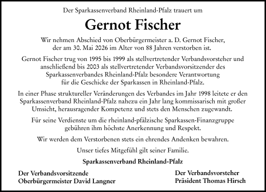 Traueranzeige von Gernot Fischer von Wormser Zeitung