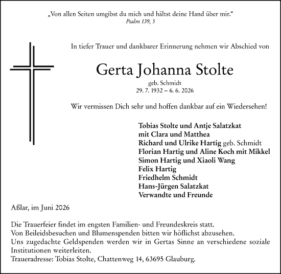 Traueranzeige von Gerta Johanna Stolte von Wetzlarer Neue Zeitung