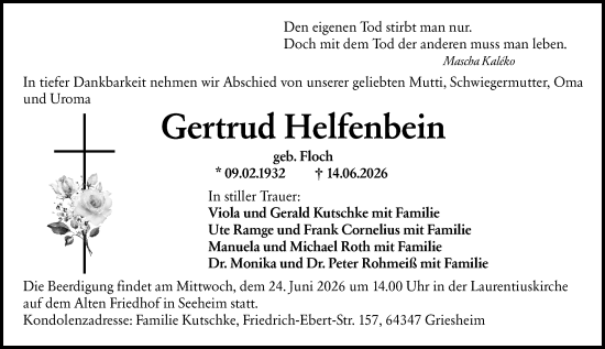 Traueranzeige von Gertrud Helfenbein von Darmstädter Echo