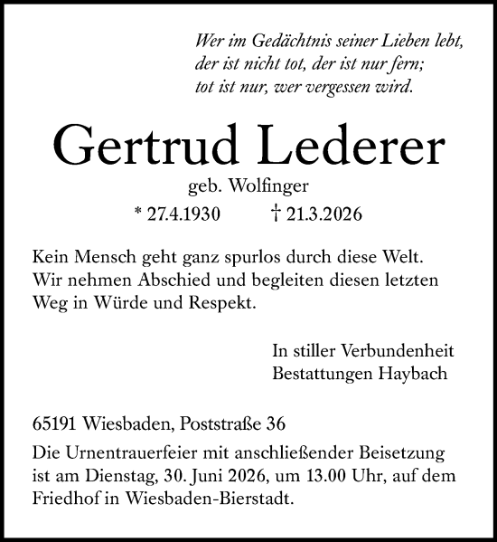 Traueranzeige von Gertrud Lederer von Wiesbadener Kurier