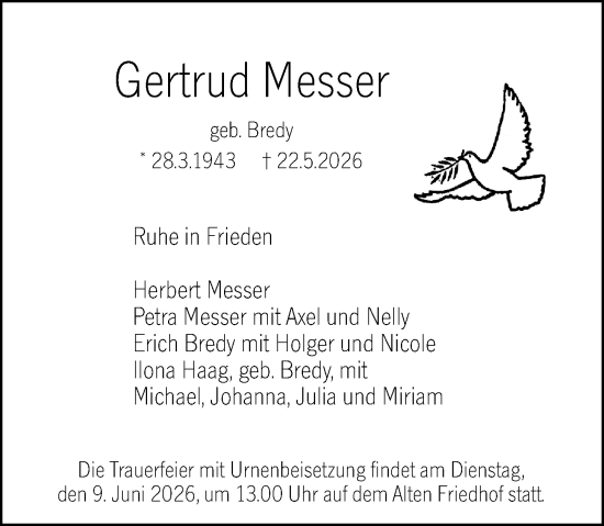 Traueranzeige von Gertrud Messer von Hochheimer Zeitung