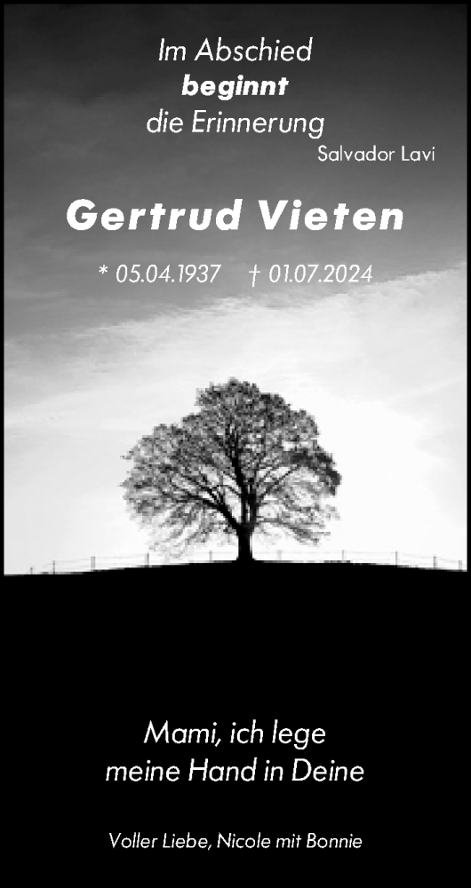 Traueranzeige von Gertrud Vieten von Darmstädter Echo