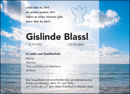 Traueranzeige von Gislinde Blassl von Wetzlarer Neue Zeitung