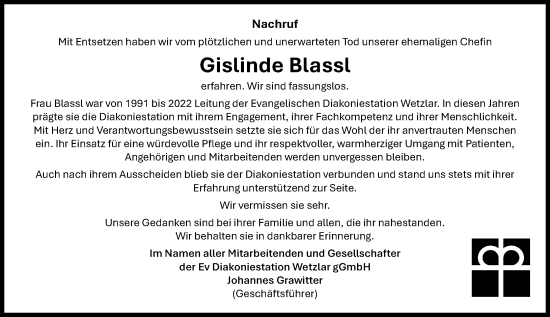 Traueranzeige von Gislinde Blassl von Wetzlarer Neue Zeitung