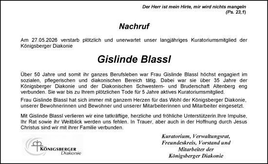 Traueranzeige von Gislinde Blassl von Wetzlarer Neue Zeitung