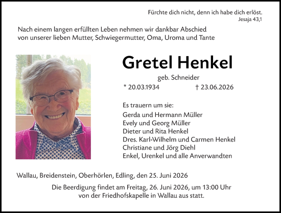 Traueranzeige von Gretel Henkel von Hinterländer Anzeiger