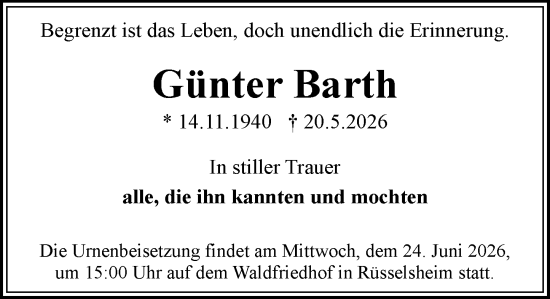 Traueranzeige von Günter Barth von Rüsselsheimer Echo
