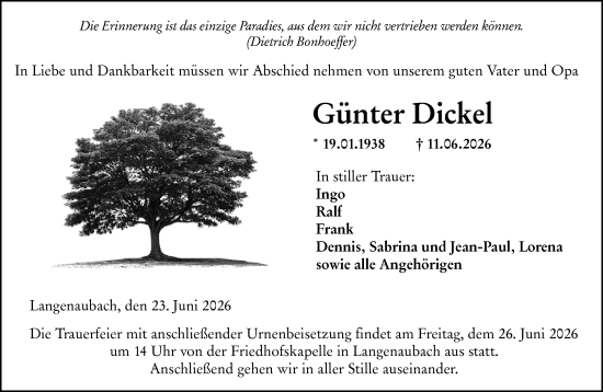 Traueranzeige von Günter Dickel von Dill Block