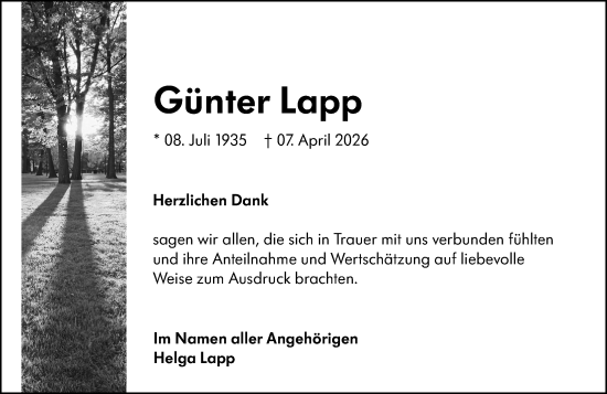 Traueranzeige von Günter Lapp von Groß-Gerauer Echo