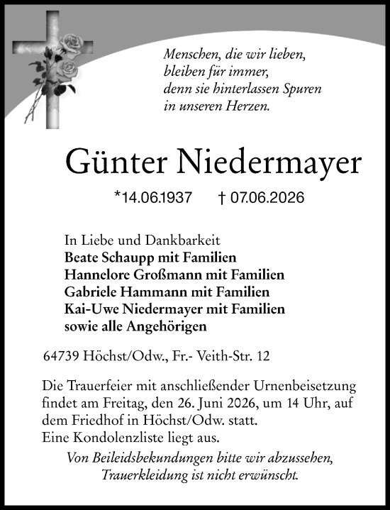 Traueranzeige von Günter Niedermayer von Odenwälder Echo