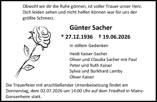 Traueranzeige von Günter Sacher von Allgemeine Zeitung Mainz