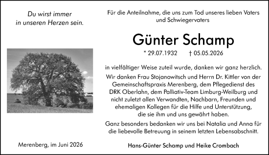 Traueranzeige von Günter Schamp von Weilburger Tageblatt
