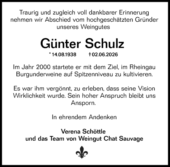Traueranzeige von Günter Schulz von Wiesbadener Kurier