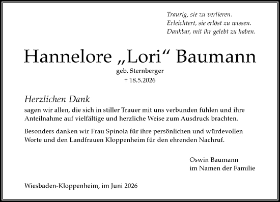 Traueranzeige von Hannelore Baumann von Wiesbadener Kurier