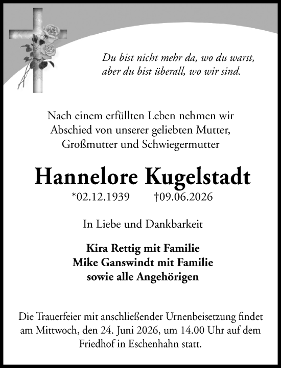 Traueranzeige von Hannelore Kugelstadt von Idsteiner Land/Untertaunus