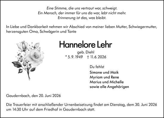Traueranzeige von Hannelore Lehr von Weilburger Tageblatt