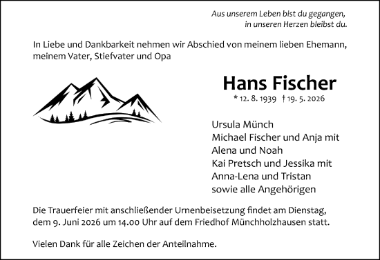 Traueranzeige von Hans Fischer von Wetzlarer Neue Zeitung