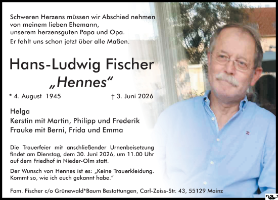 Traueranzeige von Hans-Ludwig Fischer von Allgemeine Zeitung Mainz