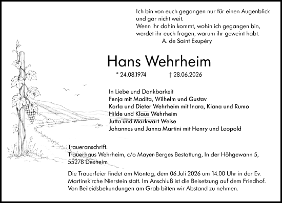 Traueranzeige von Hans Wehrheim von Allgemeine Zeitung Mainz