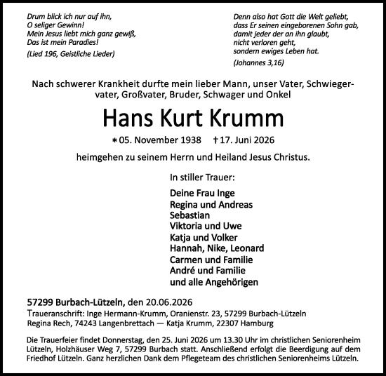 Traueranzeige von Hans Kurt Krumm von Dill Block