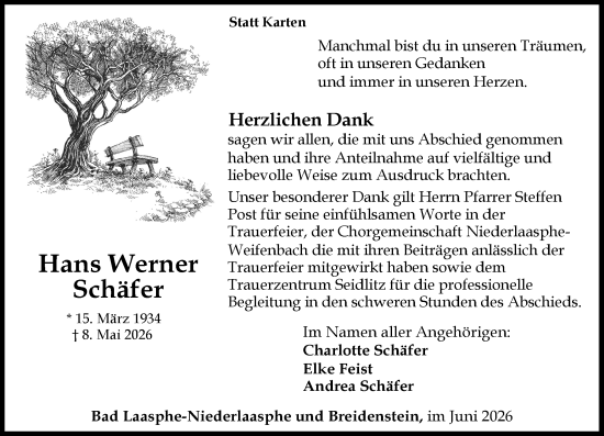 Traueranzeige von Hans Werner Schäfer von Hinterländer Anzeiger