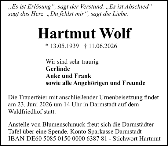 Traueranzeige von Hartmut Wolf von Darmstädter Echo