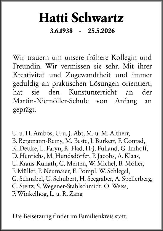 Traueranzeige von Hatti Schwartz von Wiesbadener Kurier