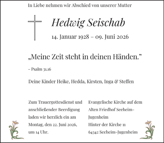 Traueranzeige von Hedwig Seischab von Darmstädter Echo