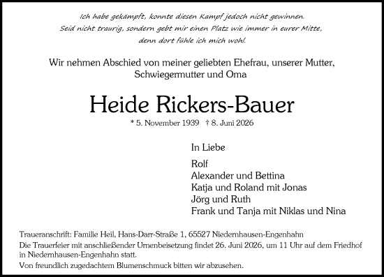 Traueranzeige von Heide Rickers-Bauer von Wiesbadener Kurier