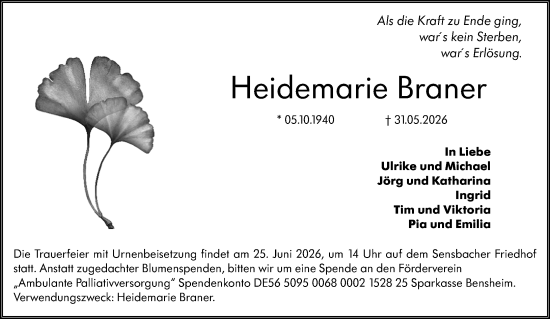 Traueranzeige von Heidemarie Braner von Odenwälder Echo