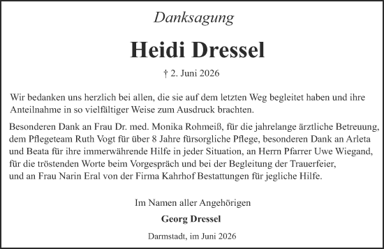 Traueranzeige von Heidi Dressel von Darmstädter Echo