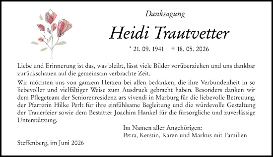 Traueranzeige von Heidi Trautvetter von Hinterländer Anzeiger